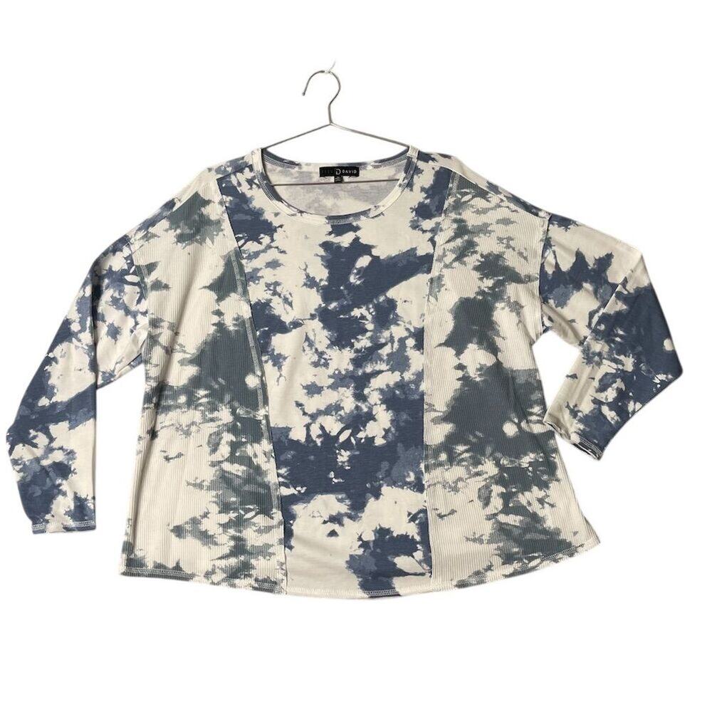 Fred David Women's 1X Blue Tie-Dye 3/4 Sleeve Scoop Neck Blouse